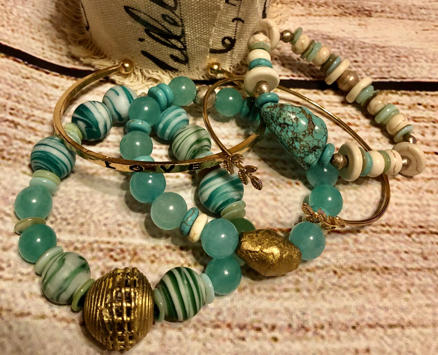 Turquoise Love Bangle w/ Ivory Bone Stack