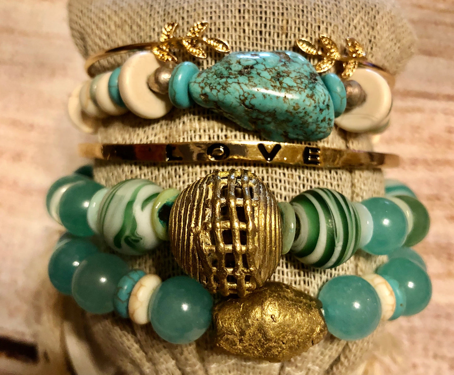 Turquoise Love Bangle w/ Ivory Bone Stack