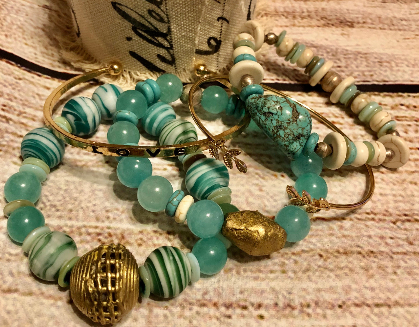 Turquoise Love Bangle w/ Ivory Bone Stack