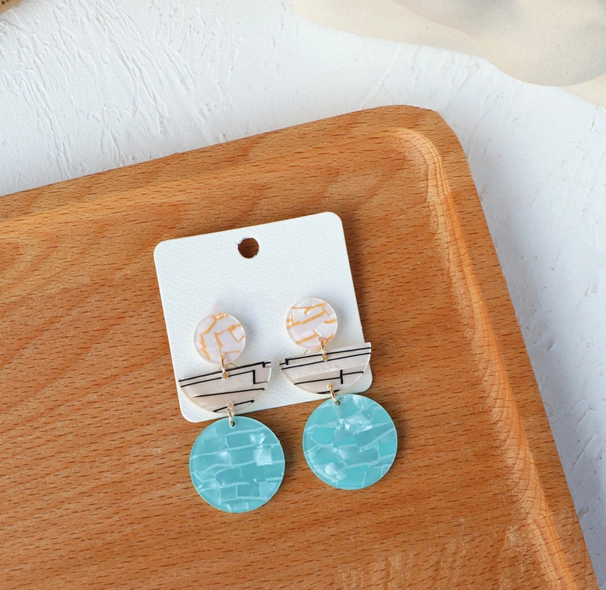 Vintage Blue Textured Geometric Acrylic Resin Blue Earrings