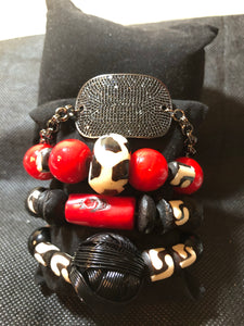 Red With African Bone with bling link Bracelet Stack