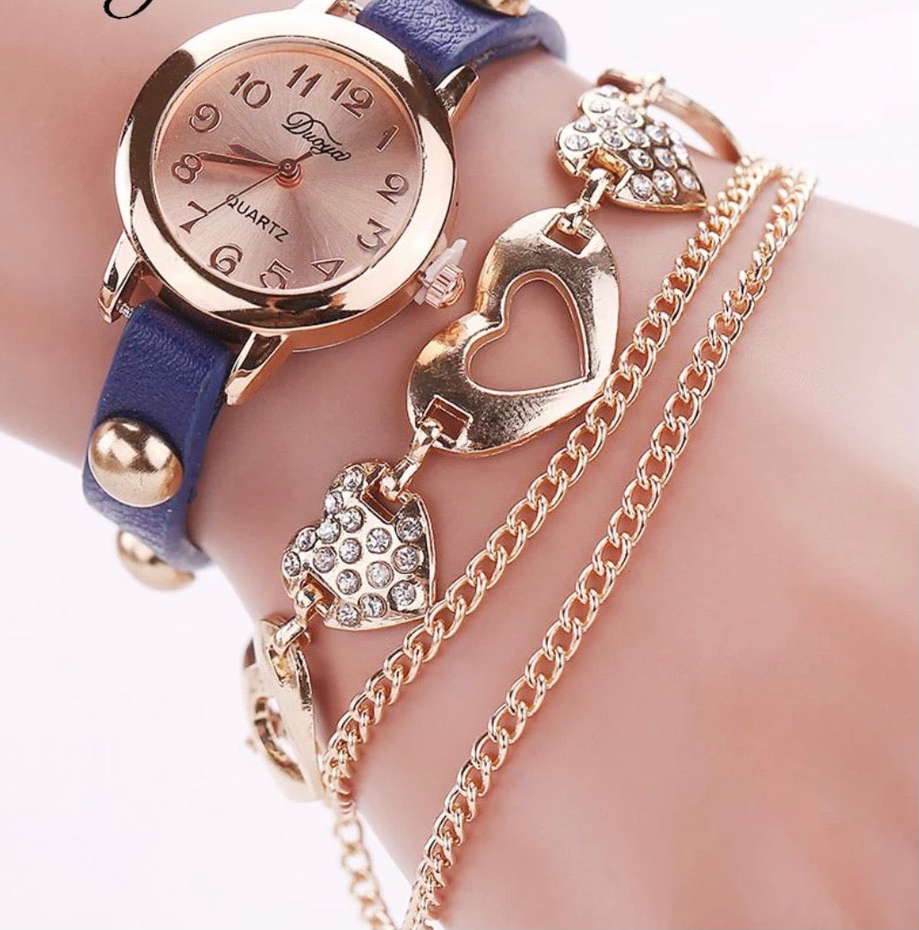 Crystal Round Luxury Watch with Double Heart Gold Bracelet