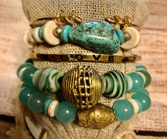 Turquoise Love Bangle w/ Ivory Bone Stack