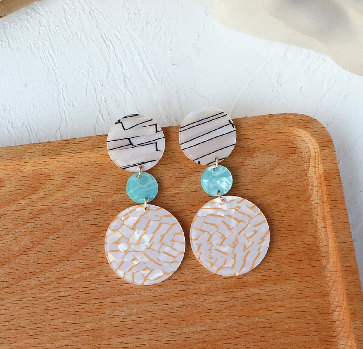 Vintage Blue Textured Geometric Acrylic Resin Tan Earrings