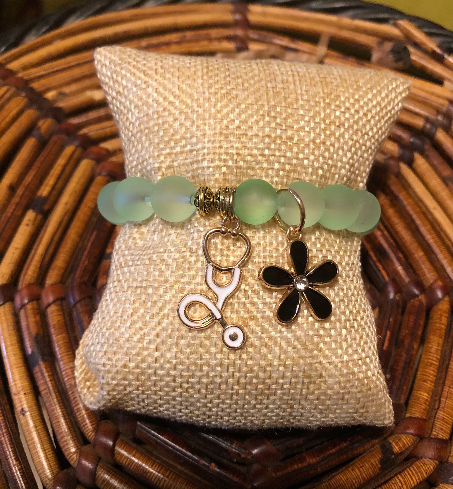 Nurse Frosted Light Green Flower Charmed Bracelet