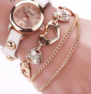 Crystal Round Luxury Watch with Double Heart Gold Bracelet