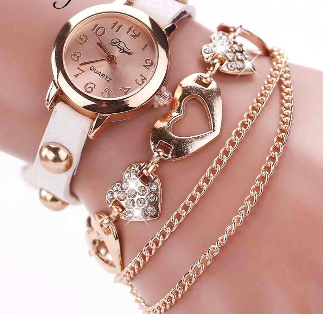 Crystal Round Luxury Watch with Double Heart Gold Bracelet