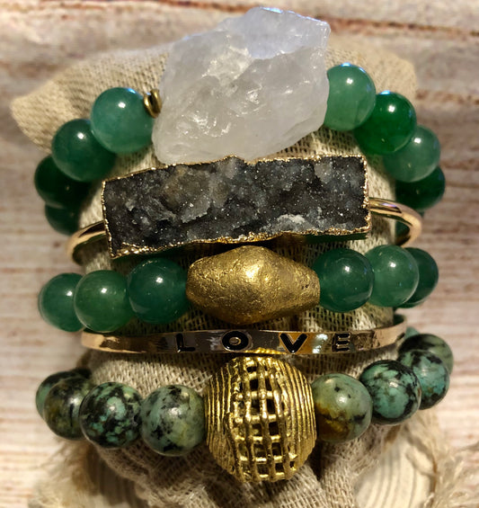 Gemstone with African Brass Stack with Love Bangle