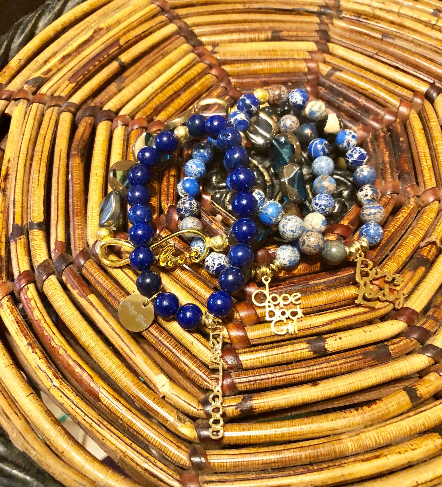 Indigo Cobalt Blue & Sea Sediment Jasper and Gold Stack