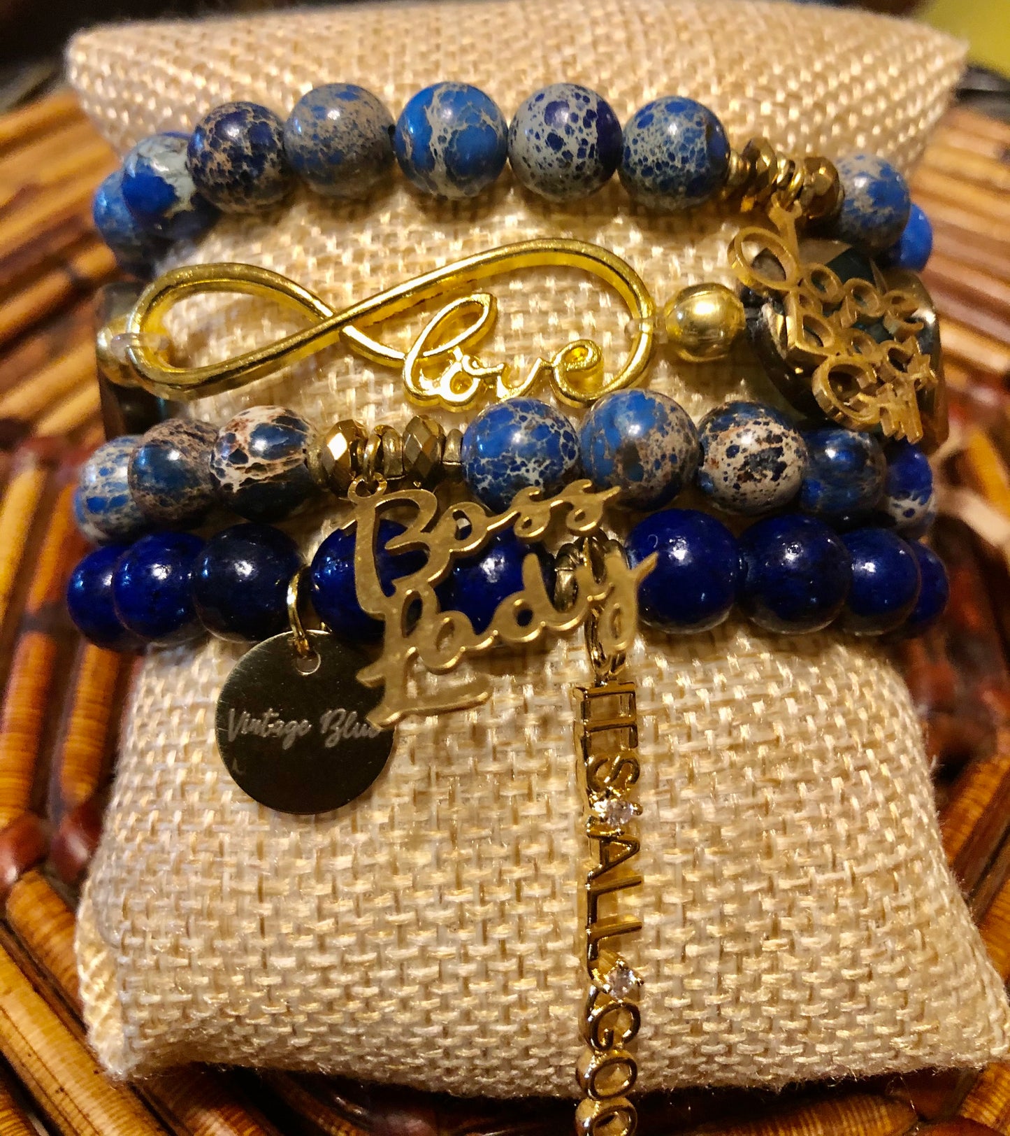 Indigo Cobalt Blue & Sea Sediment Jasper and Gold Stack