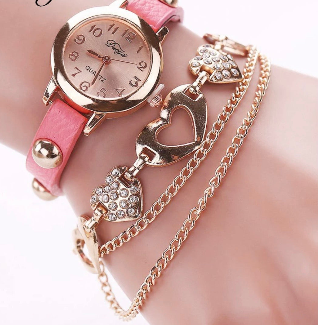 Crystal Round Luxury Watch with Double Heart Gold Bracelet