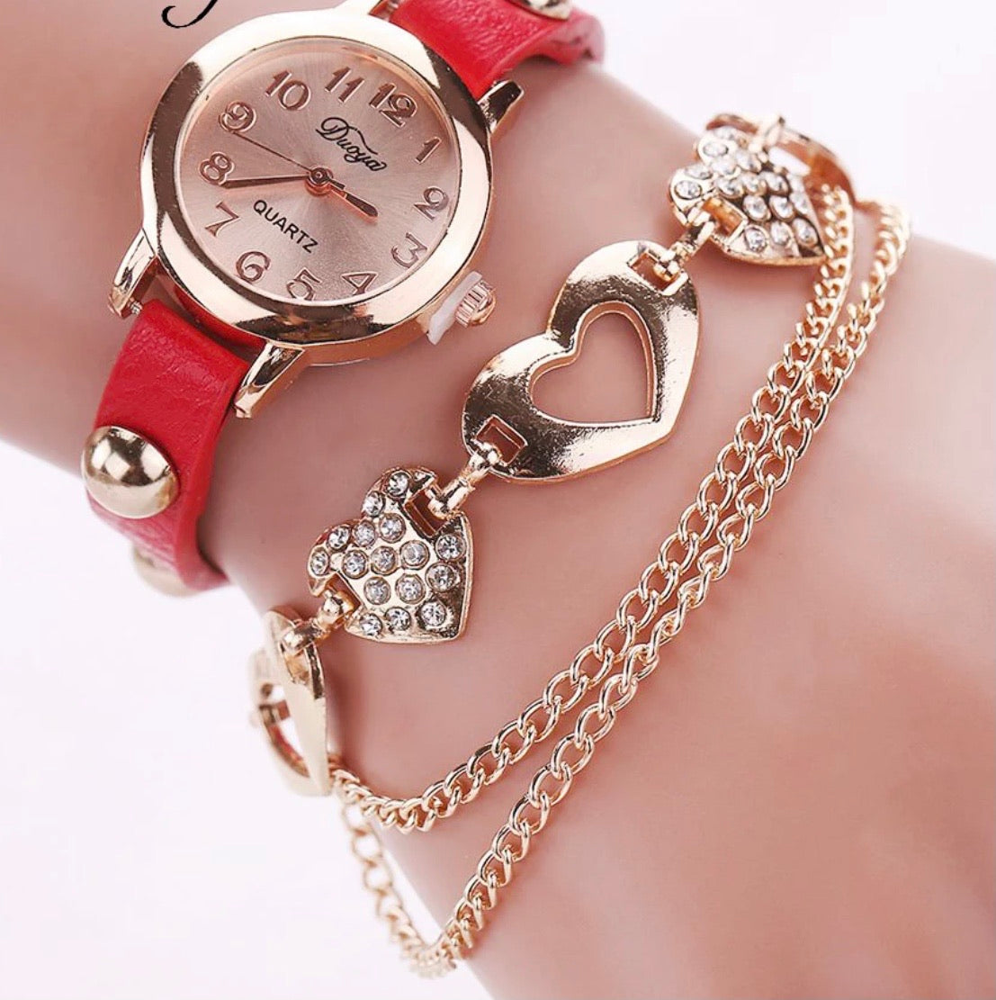 Crystal Round Luxury Watch with Double Heart Gold Bracelet