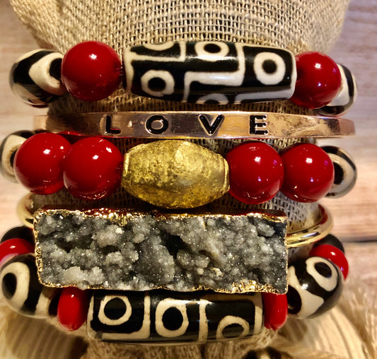 Bohemian Black Stone & Druzy/w Brass Stack