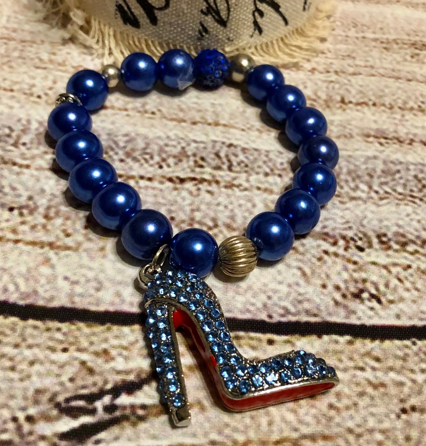 Blue Satin Red Bottom Beaded Bracelet