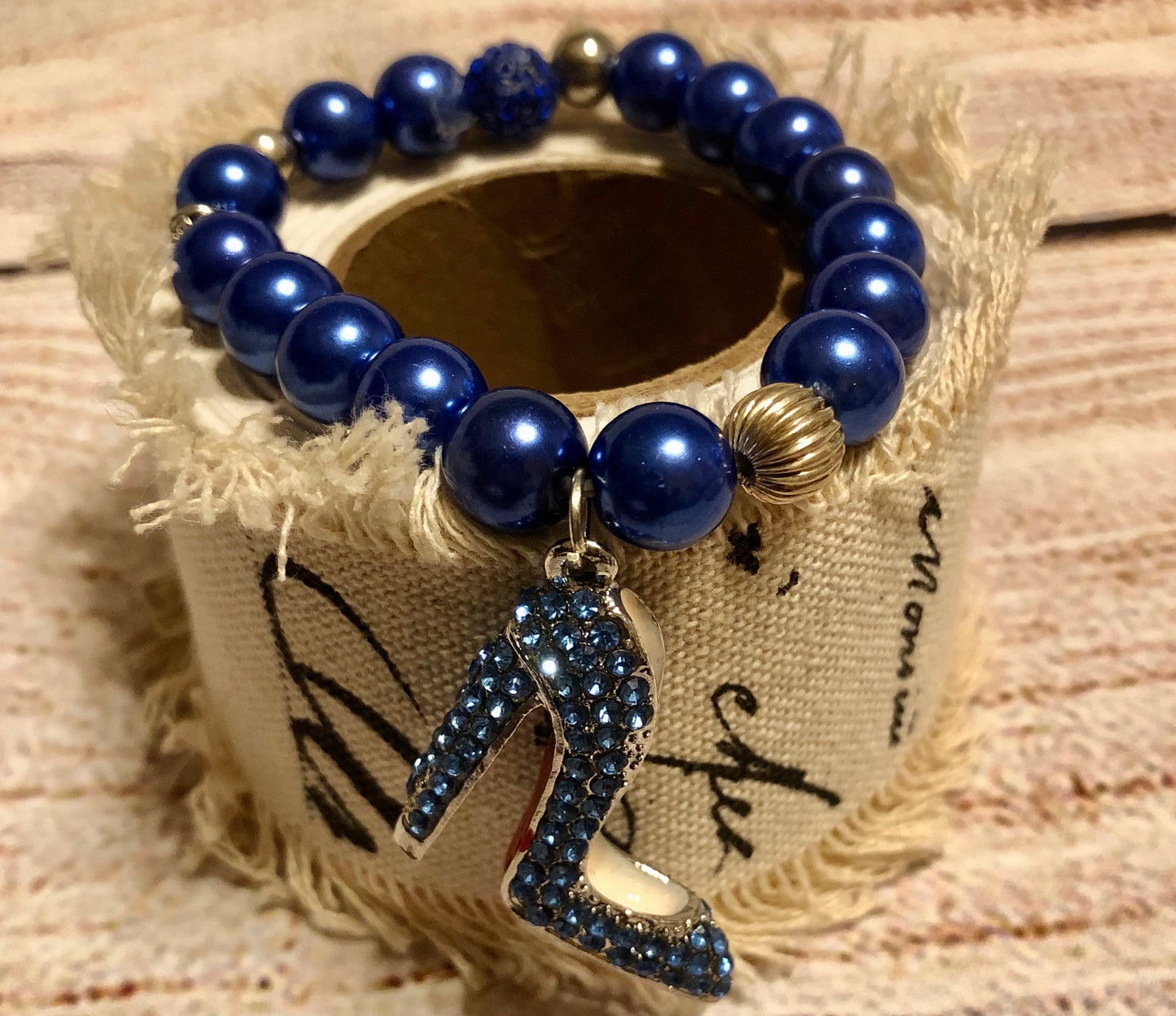 Blue Satin Red Bottom Beaded Bracelet