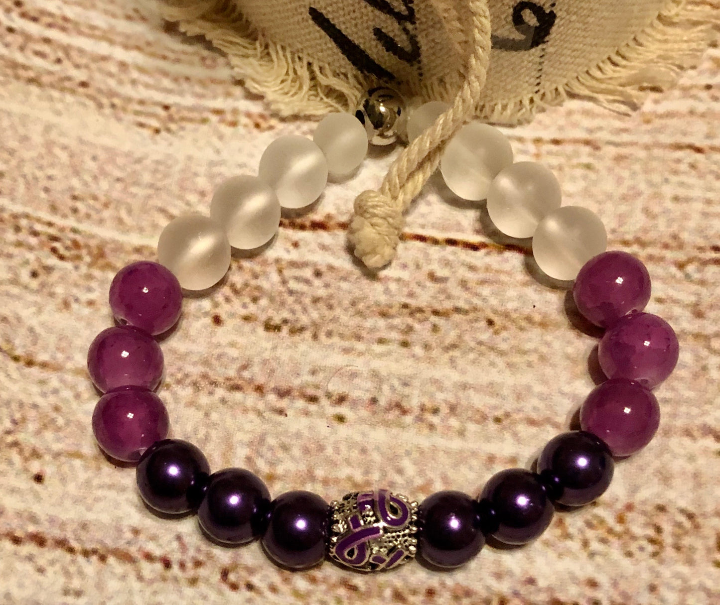 Purple Amethyst/Satin/Frosted Beads Awareness Charm Bracelet VIII