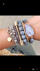Bohemian Aromatherapy Natural Gemstone Stack Gray Agate And Gold Steel Bangles
