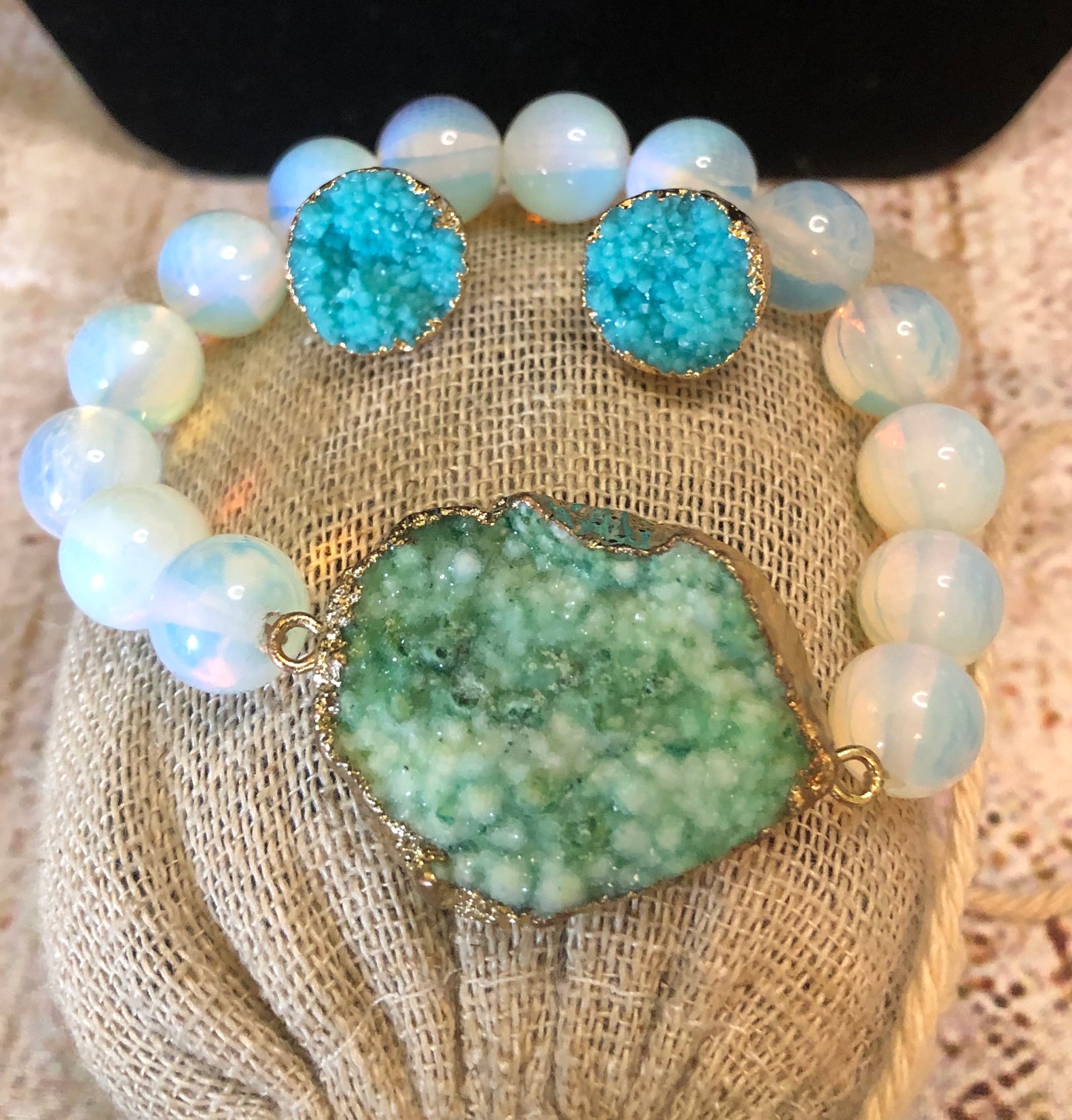 Druzy Stone Greenish Blue iridescent Set