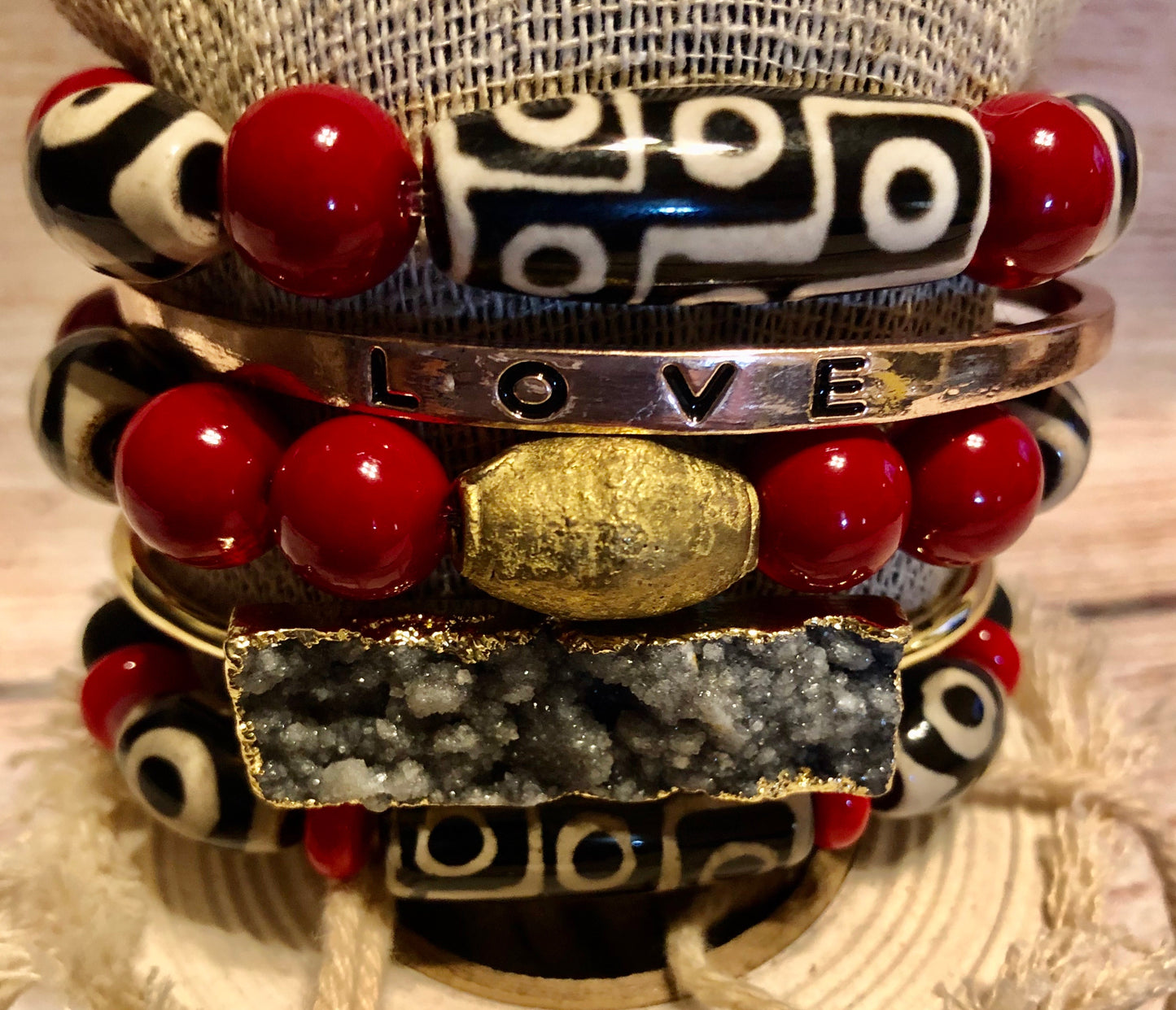 Bohemian Black Stone & Druzy/w Brass Stack