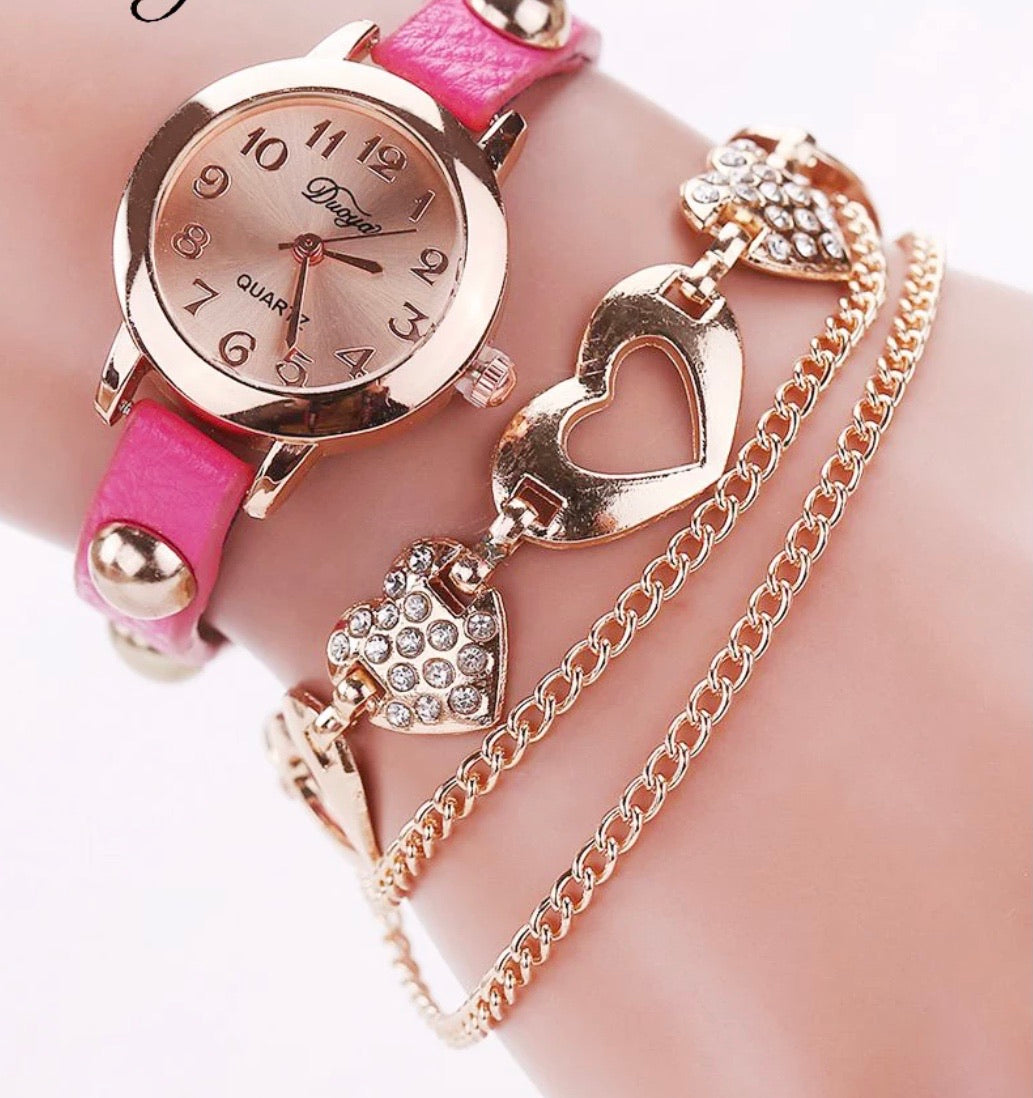 Crystal Round Luxury Watch with Double Heart Gold Bracelet