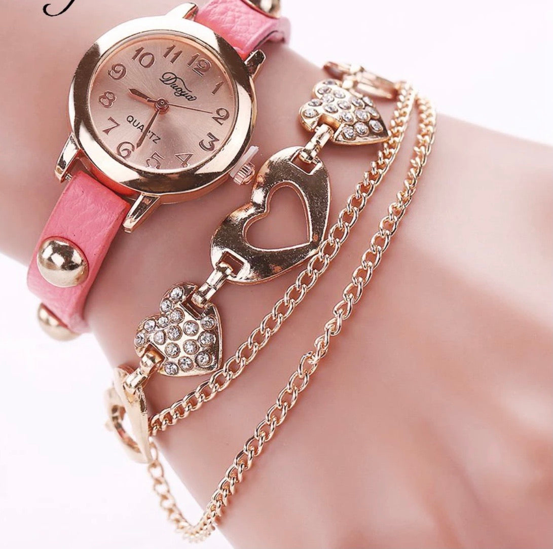 Crystal Round Luxury Watch with Double Heart Gold Bracelet